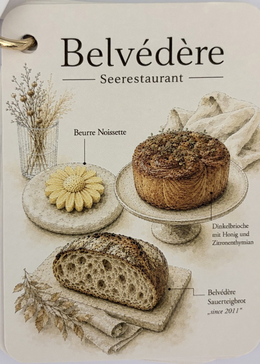 Menükarte: Sauerteigbrot, Dinkelbrioche und Beurre Noisette