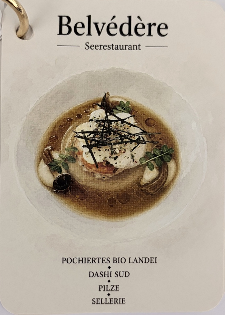 Menükarte: Pochiertes Bio-Landei mit Dashi-Sud